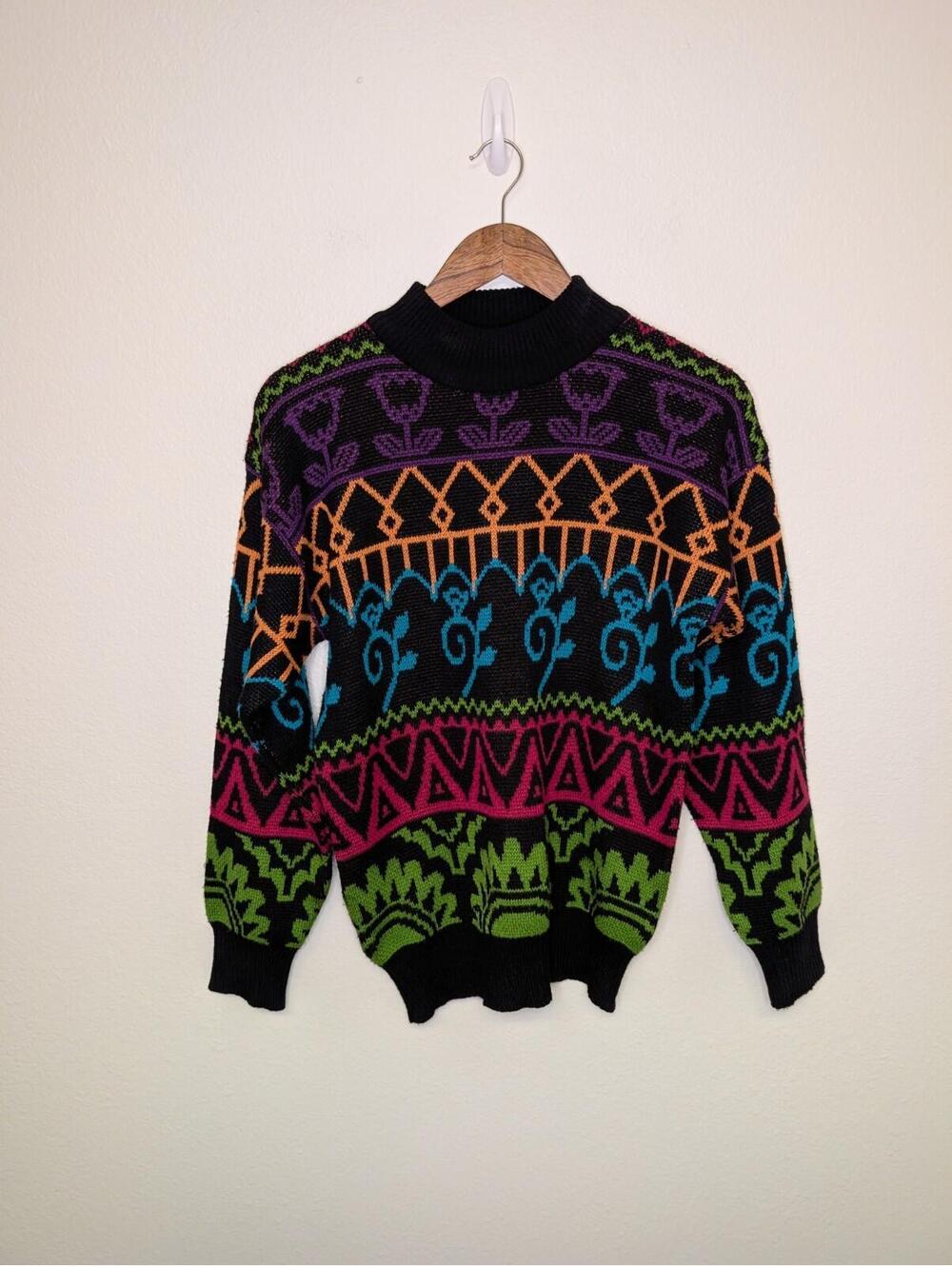 Vintage SNUGGLER Ski Sweater Womens S Black Colorful Geometric Wool Blend 90s